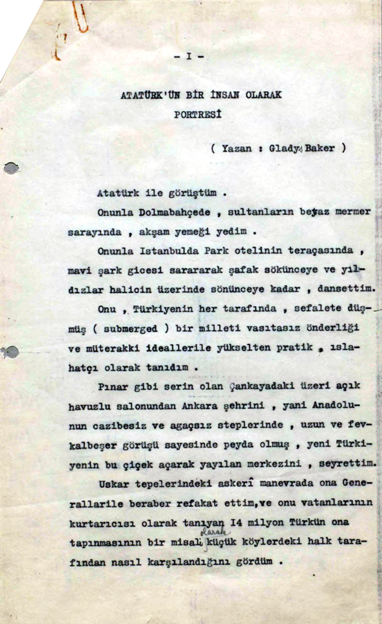 Gladys Baker’in yaptığı mülâkatın Türkçe’ye tercüme edilmiş tam metninin ilk sayfası.