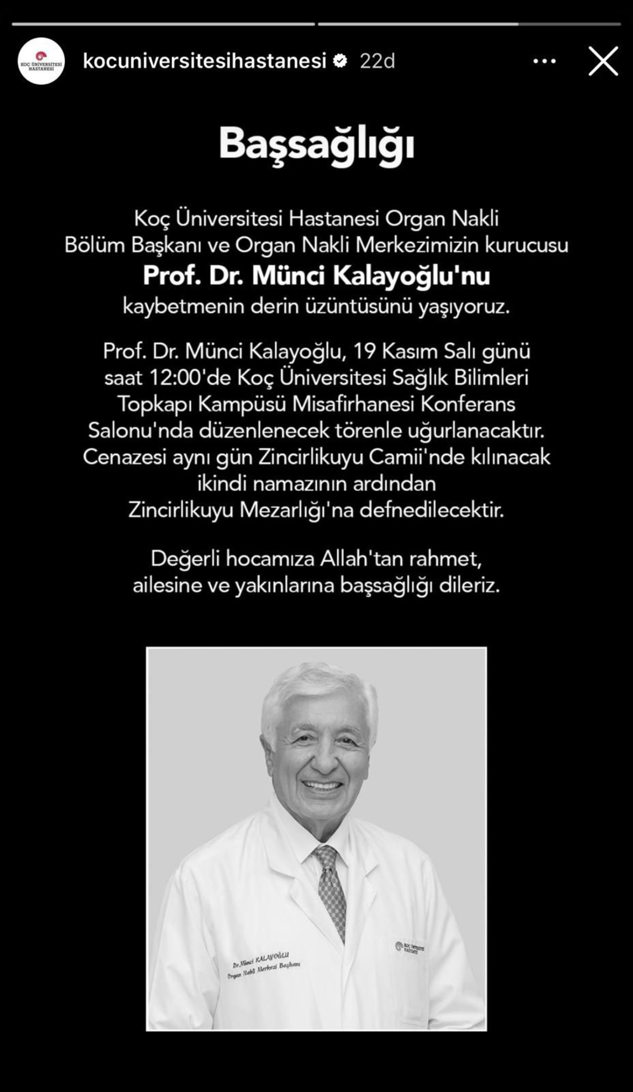 Koç Üniversitesi Hastanesi, sosyal medya hesaplarında da başsağlığı mesajı yayınladı.