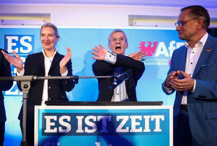 AfD eş başkanları Alice Weidel ve Tino Chrupalla (sağda) seçim kutlamasında