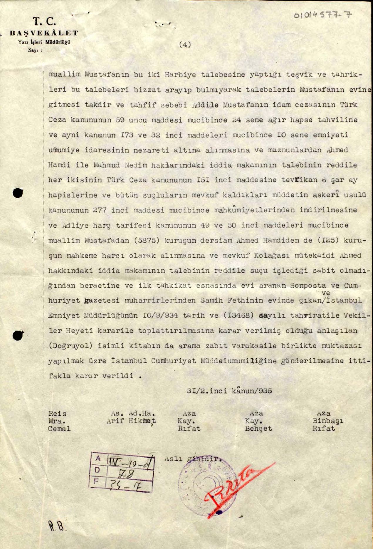 Harbiye Mektebi Komutanlığı Askerî Mahkemesi’nin 31 Ocak 1935’te verdiği karar (Cumhurbaşkanlığı Arşivi, 01014577-4ile 7 arası.