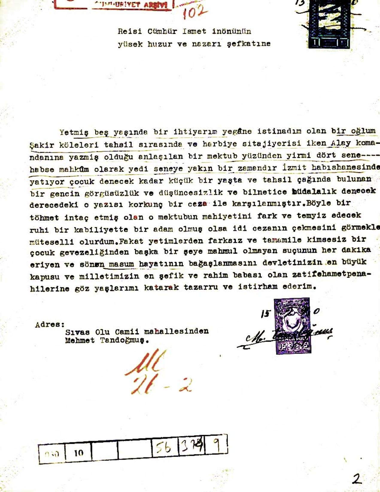 Şakir Tandoğmuş’un babası Mehmet’in İsmet Paşa’ya yazdığı içli mektup (Cumhuriyet Arşivi, 30-10/56-374-9).