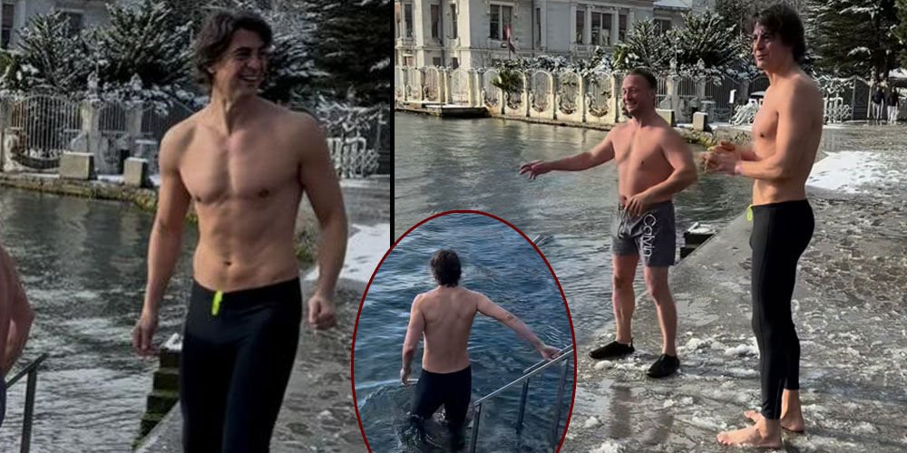 Kar yağarken denize girdi!