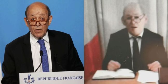 Soldaki gerçek Jean-Yves Le Drian, maskesinin altına saklanan sahtesi de sağda.