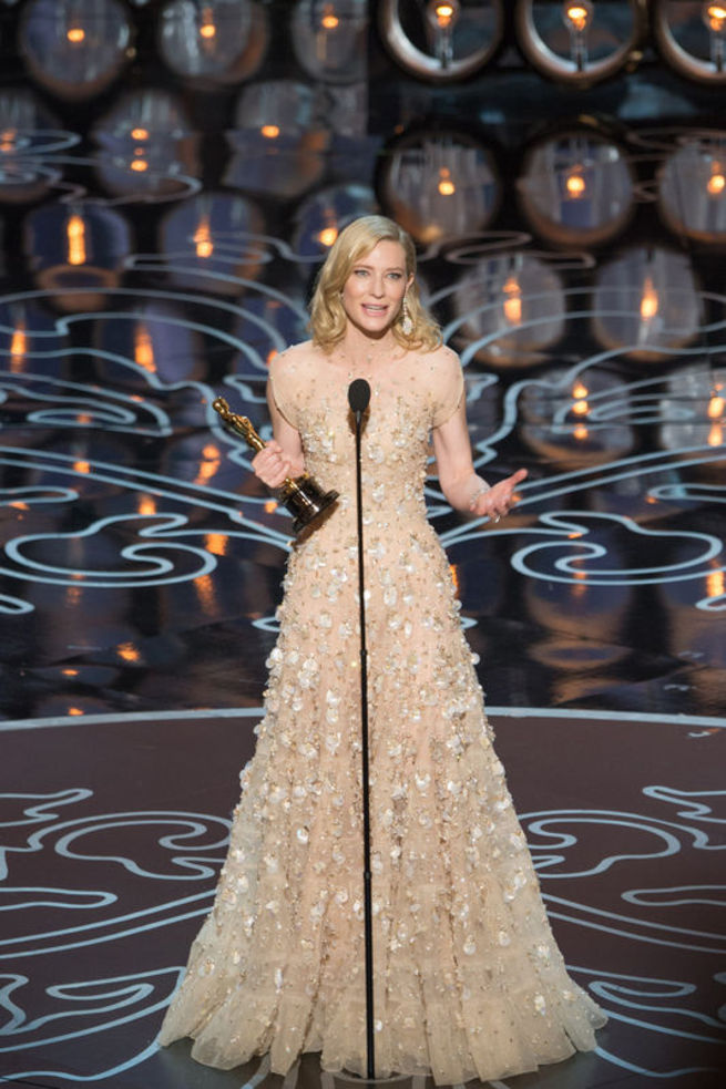 Cate Blanchett, Blue Jasmine filmindeki performansıyla En İyi Kadın Oyuncu Oscar’ını kazandığı yıl, ışıltılı süslemelerle kaplı bir Armani elbisesi giymişti