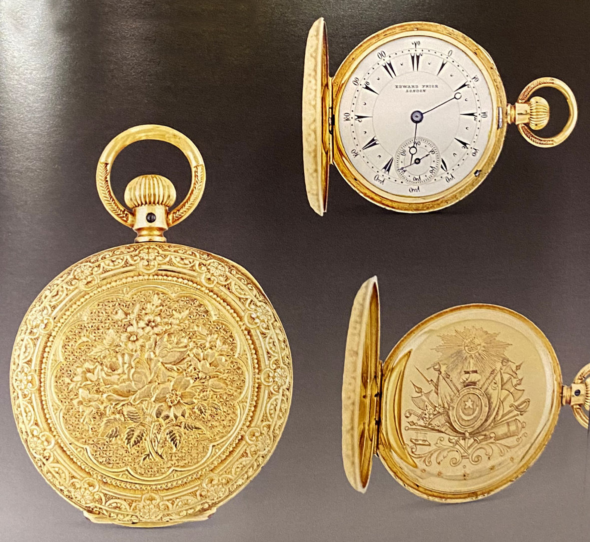 19. yüzyılın ortalarında imal edilmiş bir cep saatinin iç kapağındaki Osmanlı arması.