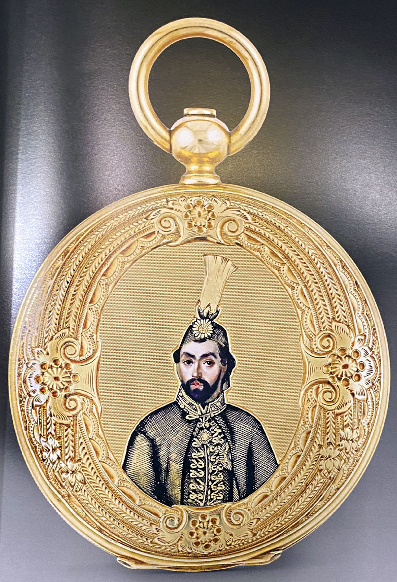 Yine 19. yüzyılın ortalarında yapılmış altın bir cep saatinin arka yüzündeki Sultan Abdülmecid çizimi.