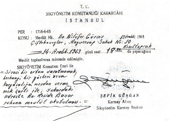 Celâl Bayar’ın hanımının ruhuna okutulacak mevlit için askerlerden alınan izin belgesi. Belgeyi, Bayar’ın torunu Prof. Dr. Emine Gürsoy Naskali yayınladı.