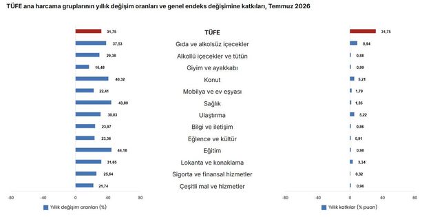 Türkiye'de yıllık enflasyonun ana gruplara göre dağılımı. Gıda ve konut fiyatlarındaki artış.