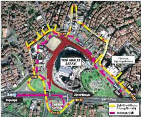 TOPKAPI-ŞİŞLİ ZİNCİRLİKUYU - TOPKAPI O–1 çevre yolu istikametinden, Çağlayan Kavşağı'ndan sağa dönülerek Piyalepaşa Bulvarı doğrultusunda kesişen Abide-i Hürriyet Caddesi'ne bağlanılıp Şişli istikametine gidilecek. Şişli- Zincirlikuyu güzergahı ise Abide-i Hürriyet Caddesi Şişli yönü Dr. Cemil Bengü Caddesi kavşağından sağa dönülüp Yurt Sokak kavşağından sola dönülecek ve sokağın sonundan 'U' dönüşü ile Vatan Caddesi ve sonrasında Şevket Paşa Caddesi boyunca ilerleyip Bağcılar Caddesi'nden oluşturulan geçici servis yolu kullanılarak Zincirlikuyu yönüne gidilmesi sağlanacak.