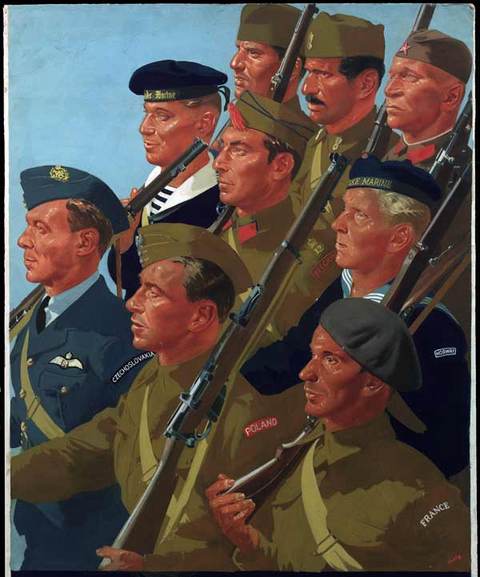 Naziler'in Avrupa'da işgal ettiği ülkelerin müttefik askerlerini gösteriyor. Çekoslavakya, Polonya, Fransa, Danimarka, Belçika, Norveç'ten. Zafer için birlikte yürüyorlar. -