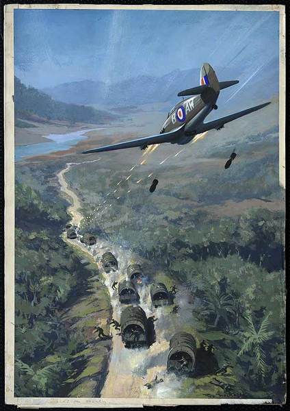 Bir İngiliz Hurricane avcı uçağı bir japon askeri konvoyuna saldırıyor, ormanlarla kaplı bir ülkede(muhtemelen Burma). -  -