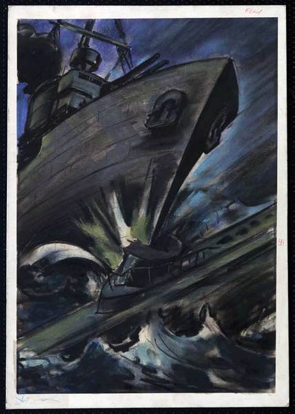 Bir İngiliz savaş gemisi bir İtalyan denizaltısını biçiyor. -