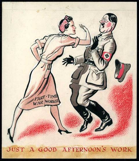 Karikatür niteliğinde bir poster. Yarı zamanlı çalışan bir kadın işçinin Hitler'in suratına attığı tokat resmediliyor.  -  - Bu kataloğun tanıtım bölümünde: Ülkedeki askeri fabrikalarda yarı zamanlı istihdam başladı. Erkekler ön cephede savaşırken, kadınar fabrikalarda,inşaat alanlarında ve silahlı kuvvetler destek hizmetlerinde ek işler yapmaya teşvik ediliyordu deniyor. -