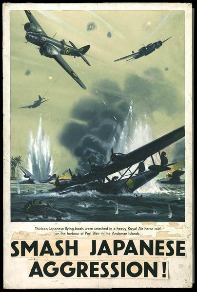 Andaman Adalarındaki Port Blair limanında Japon deniz uçaklarının bombalandığını gösteriyor. Japonlar Andaman adalarını 1942'de işgal etti. 1945'te İngilizler tekrar aldı.