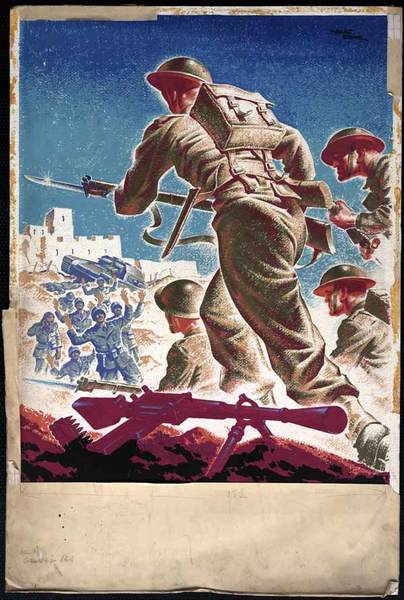 Bir İngiliz piyade büyük bir azimle Libya'ya doğru adım atarak ilerliyor. Bir İtalyan tank personelini ele geçirmişler. -