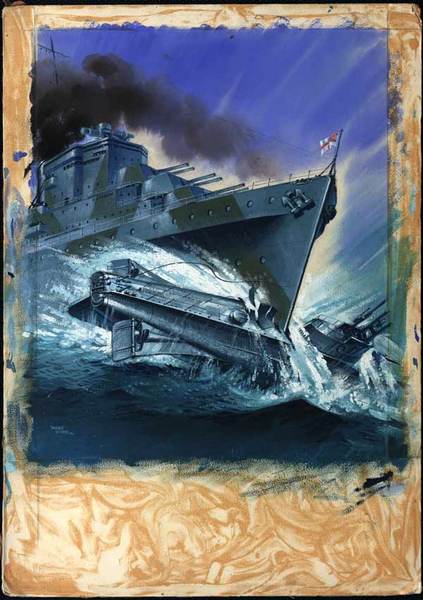 Bir İngiliz savaş gemisi bir İtalyan denizaltısını biçiyor. -