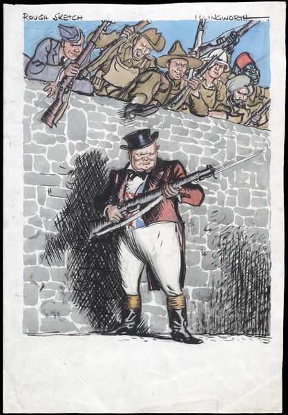 Churchill'in İngiltere betimlenirken kullanılan "John Bull" karakterine bürünmüş hali. Elinde bir süngülü tüfek tutuyor, sırtını duvara vermiş. Duvarda da İngiliz Milletler Topluluğu orduları ona yardım için duvara tırmanıyor.