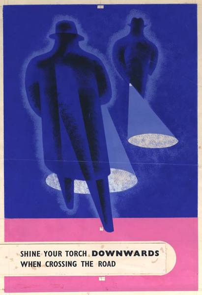 Savaş zamanı şehir karartmalarının olduğu bir dönem. Bu yüzden pek çok yol güvenliği posteri var, bu onlardan biri. İki silüet şeklinde sivil erkek yolda birbirlerinin yanından geçerken fenerlerini aşağı doğru tutarak yakıyorlar.  -  - Slogan'da sürücülerin ve yayaların gözünü kamaştırmamak için "karşıdan karşıya geçerken fenerlerinizi aşağı tutun" diyor.