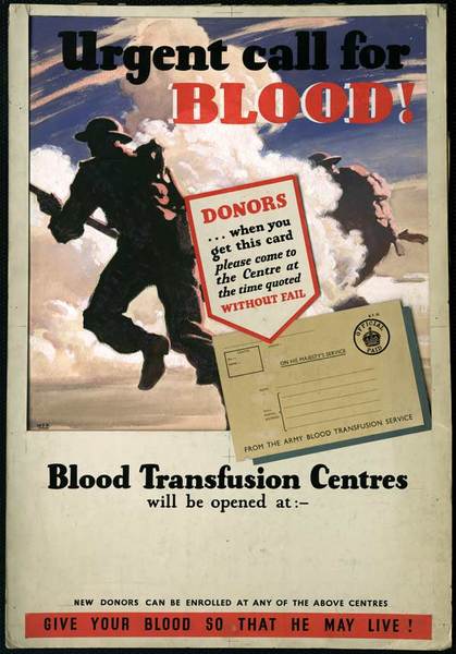 "Acil kan aranıyor" -  - Piyadeler duman bulutu içinde ilerliyor. Bu askerlerin hayatta kalabilmesi için kanınızı ordunun resmi kan nakli merkezine verin yazıyor. Poster'de hizmet kartı da bulunuyor. Kartta yerler, yerel birimlerin kendi adres bigilerini ya da tarih bilgilerini verebilmeleri için boş bırakılmış.