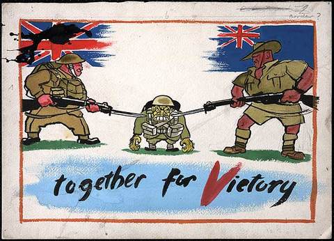 Karikatür gülümseyen İngiliz ve Avusturalya askerlerini kendi ulusal bayrakları altında gösteriyor. Süngülerinin ucunda, silahsız, çıkık dişli ve maymunsu olarak karikatürize edilmiş bir Japon askeri var.  -  -