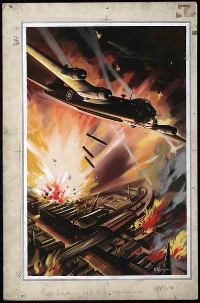 İngiliz Stirling ağır bombardıman uçaklarının Alman endüstriyel alanına yaptığı stratejik bombalama resmedilmiş. -