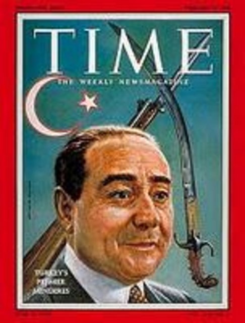 Adnan Menderes (3 Şubat 1958) - Türkiye tarihindeki ilk IMF anlaşmasını yapması, Türkiye'yi NATO'ya sokması, 1951-1956 arasında Türkiye'de yaşanan yüksek büyüme... Ancak seçimlerin ardından ekonomi ile beraber başlayan siyasal kaos Time Dergisi'nin odağını yeniden Türkiye'ye çevirdi. Sokak olaylarının artışı, muhafazakar kesimin yükselişi derken Time kapağında yeniden bir Türk vardı: Adnan Menderes.