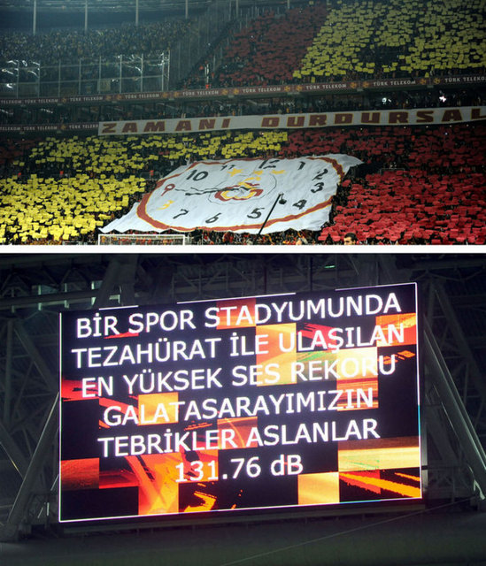 18 Mart: Spor Toto Süper Lig'de Galatasaray ile Fenerbahçe arasında yapılan derbide sarı-kırmızılı taraftarlar ''Bir stadyumda tezahürat ile ulaşılan en yüksek ses rekoru''nu kırarak Guiness Rekorlar Kitabı'na girdi.