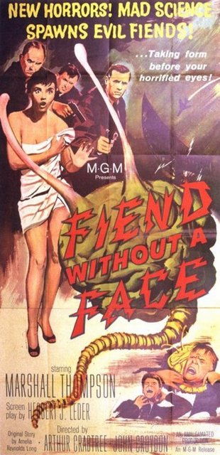 1-Fiend Without a Face (1958) -  - Beyin-kuyruk bileşimden oluşan görünmez bir yaratık tasarımı. Erken dönemin fark yaratan korku yönetmenlerinden Arthur Crabtree'nin filmi, gerçek anlamda atom bombası ve nükleer enerji korkusu üzerinden üremiş o yılların 'Son Durak'ı ('Final Destination') kıvamında. Efektleri saf dışı bırakırken telekinezi kavramının ve çılgın bilim adamı teriminin kalıplarını değiştiren alt tür konseptiyle ilerlemesi de "Fiend Without a Face"in formülüne çok şey katmıştır.