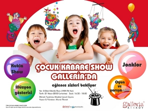 Galleria'dan hergüne farklı eğlence -  - 21 Nisan Cumartesi günü saat 16:30'da gerçekleşecek "Çocuk Kabare Show " ile çocuklar hem kukla ve illüzyon gösterileri ile sihirli bir dünyaya yolculuk yapıyor hem de yarışma ve oyunlara katılıyor. "Kabare Show"un yanı sıra 29 Nisan'a kadar sürecek etkinlikler kapsamında çocuklar, çok sevdikleri çizgi karakterler Sünger Bob ve Dora ile aktivitelere katılıyor. Bikini Bottom'da resim boyama, saç yapımı, oyun hamuru, yap-boz aktivitelerine katılıp plazma ekranlarda çizgi filmlerini izleyebiliyor.