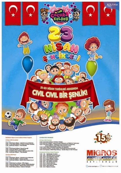 Migros Alışveriş Merkezi'nde şenlik var -  - Beylikdüzü Migros Alışveriş Merkezi, çevre okulların desteği ile düzenlediği 23 Nisan'da modern, bayrak, indigo, ateşböceği, bale ve lirik dans dallarından örnekler gösterecek olan minikler heyecanlarını aileleriyle birlikte yaşayacaklar. Ayrıca, 21-22-23 Nisan'da sürecek olan şenlik günleri, GA Çocuk tarafından hazırlanan birer saatlik atölye programlarından oluşuyor. Minik ziyaretçiler ve üyeler,  ilk iki gün "Atatürk ve Çocukları" teması taşıyan Resim, Heykel, Oyun, İllüstrasyon, Mozaik atölyelerine katılacaklar. Atölyelerin konusu olan, Türk Masalları, Bayrak Mozaiği, Atatürk Büstü, Elif'in Kağnısı, Anadolu Folklorik Bebekleri, Atatürk Olmak İsteyen Çocuk, Dünya Çocukları El Ele gibi çok sayıda aktiviteyle 23 Nisan gününe hazırlanacak olan çocuklar, bu çok özel gün öncesi Atatürk'e mektup yazarak Ulu Önder'e sevgilerini ve gelecekten beklentilerini dile getirecekler. Program pazartesi günü saat 14.00 itibariyle başlayacak, İstiklal Marşı'nın okunması ve Fener Alayı ile saat 18.00'da son bulacak.
