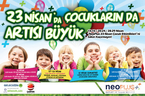 En büyük çocuk bayramı NeoPlus'ta kutlanır -  - NeoPlus Outlet, çocukların bayramında çok önemli bir sosyal sorumluluk projesine imza atıyor. Düşler Derneği ve Mimarlar Odası işbirliği ile Van İçin Kitap toplama kampanyası başlatıyor. 20 Nisan Cuma günü Sergiler, 21 Nisan Cumartesi günü Masallar, 22 Nisan Pazar günü çeşitli çocuk atölyeleri, 23 Nisan Pazartesi gösteriler, 24 Nisan Salı günü oyunlarla geçecek müthiş bir bayram 23 Nisan çocuklarını bekliyor olacak. 28 – 29 Nisan haftasında ise çocuklar animatörler eşliğinde oyunlar oynayacak sosis balon ve yüz boyama etkinlikleri ile doyasıya eğlenecekler. Keçe Atölyesi ile el yeteneklerini konuştururken Kağıt Maske Atölyesi ile sevdikleri kahramanları yapacaklar. Minikler Maskot Rock Grubu ile de müziğe doyacak ve fotoğraf çektirebilecek.