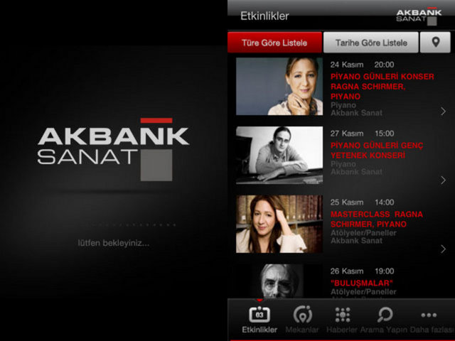 **Akbank Sanat iPhone uygulaması  tüm Akbank Sanat etkinliklerine kolayca erişmeyi sağlıyor. Bu ugulamayla etkinlikleri listeyebilir, sanatçı bilgilerini inceleyebilir, etkinlik mekanlarını öğrenebilir ve ilgilendiğiniz etkinlikleri arkadaşlarınızla paylaşabilirsiniz.