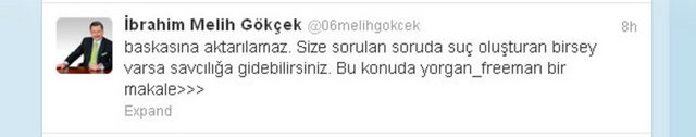 Danışmanın uyarı için yine Ankara Büyükşehir Baladiye Başkanı Melih Gökçek'in hesabını kullanması dikkat çekti.