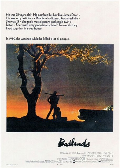 7-Kanlı Topraklar (Badlands) (1973) -  - Terrence Malick'in çok sevdiği 50'ler Amerika'sını çerçevesine aldığı, bir aile, ortam, atmosfer ve düzen eleştirisi. Sissy Spacek'in anlatıcı sesi ile Martin Sheen'in erkeksi karakterini merkez alan, dokunaklı, hipnotik ve yapıbozucu bir tür denemesi. "Kanlı Topraklar"ın bu filmler içindeki yeri her zaman özeldir.