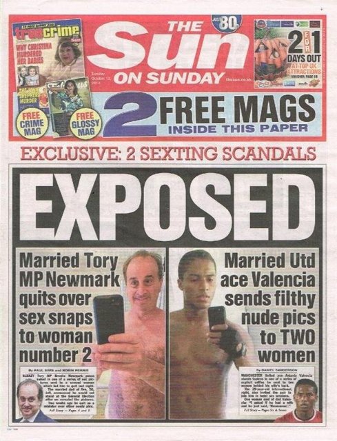 TARİHE GEÇEN SKANDALLAR  İngiltere'nin yüksek tirajlı tabloid gazetelerden The Sun on Sunday, bugünkü birinci sayfa manşet haberinde evli Manchester Unitedlı yıldız futbolcu Antonio Valencia'nın seks skandalını haber etti.