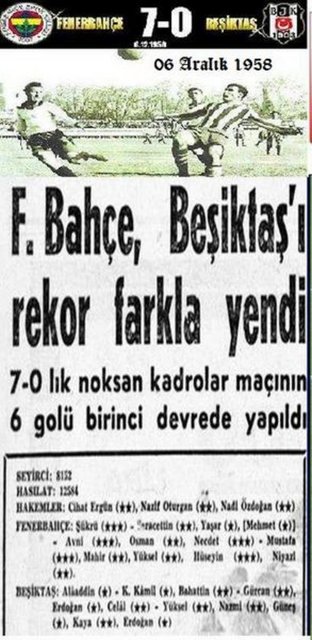 Fenerbahçe, Beşiktaş karşısında en farklı skorlu galibiyetini 6 Aralık 1958'de oynanan özel maçta 7-0'lık skorla elde etti.