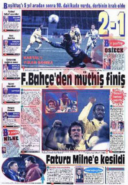 5-"Uche'den unutulmaz son dakika golü" BJK 1-2 FB (11 Aralık 1993) 5 yıllık özleme son veren, çoğu Fenerliyi sokaklara döken son saniye golüyle kazanılan bir maç… Tıklım tıklım dolu İnönü stadında Sarı-Kanarya 5 sezondur yenemediği Kara Kartal karşısında. 1-1 devam eden maçta son saniyeler oynanırken sahneye çıkan Uche Beşiktaş ağlarını sarsıyor ve teknik direktörü Osieck onu kutlamak için orta sahaya kadar geliyordu.