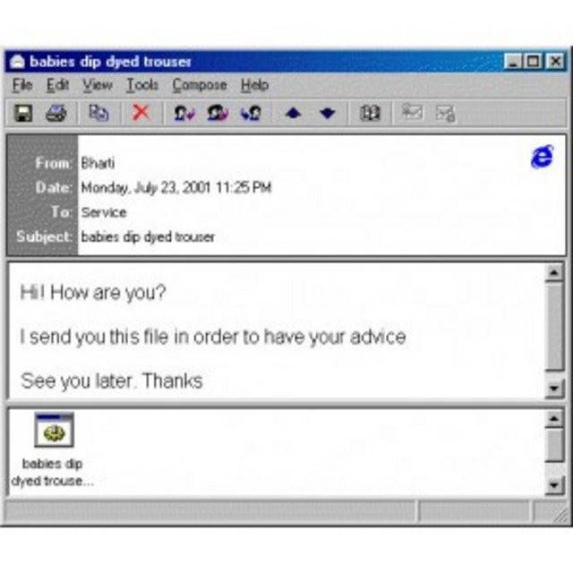 SirCam Virüsü "Hi! How are you? I send you this file in order to have your advice." yazılı bir e-mail'le yayılan virüs, yerleştiği bilgisayarın "Belgelerim" klasöründen rastgele seçtiği belgeleri, adres defterindeki e-mail adreslerine ve kullanıcının web browser'ına takılan web sitelerinin adreslerine gönderiyor