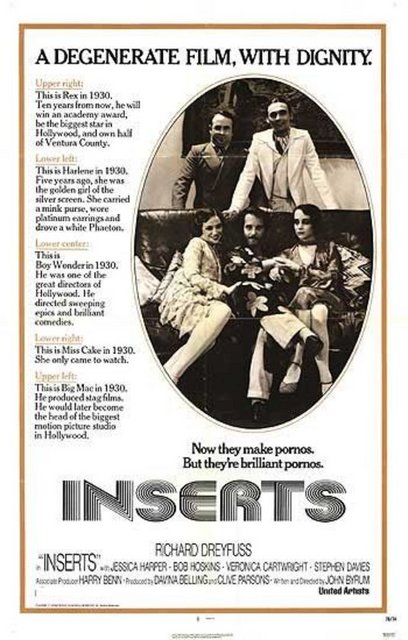 6-Inserts (1974) -  - 1930'lar Hollywood'unda 'sesli sinema'ya geçişte kendini yenileme sıkıntıları çeken Boy Wonder adlı bir yönetmenin çöküşünün ya da ayağa kalkma iradesinin öyküsü... John Byrum'un sansürlenen filmi, sessiz porno film çekmeye başlayan bu karakteri tanımlama çabasına giriyor. Hollywood'un çalışanlarını düşürdüğü acıklı duruma dikkat çekiyor. NC-17 alarak ancak Richard Dreyfuss'ın 1975'te "Jaws" ile parlaması sonrası vizyona girebilen eser, bu açıdan da bir 'belge' niteliğinde...