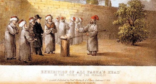 Tepedelenli'nin kesik başının 1822 Şubat'ında Topkapı Sarayı'nda devlet erkânı ile Avrupalı diplomatlara teşhirini, bir İngiliz gravürcü böyle resmetmişti.