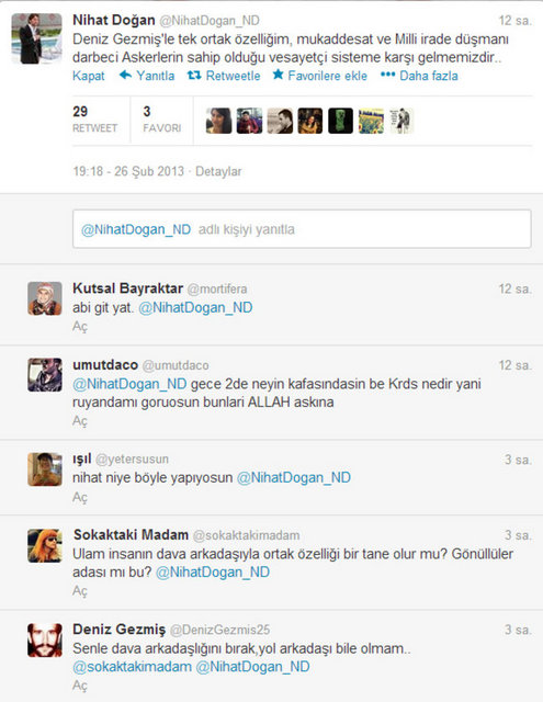 Türkücü Nihat Doğan, twitter'daki hesabından 6 Mayıs 1972'de idam edilen Deniz Gezmiş'in 66'ıncı yaşını kutladı. Nihat Doğan, takipçileriyle paylaştığı tweet'inde 'Ve bugün Deniz Gezmiş 66 yaşında mekanın cennet olsun. Benim dava arkadaşım. Seni unutmayacak, unutturmayacağız' yazdı. Doğan, yazdıklarına bazı twitter kullanıcılarından tepki gelince, çok sert cevaplar yazmaya başladı. Twitter kullanıcılarından bazılarının da Doğan'a cevap vermesiyle ortaya ilginç bir tartışma çıktı.  -