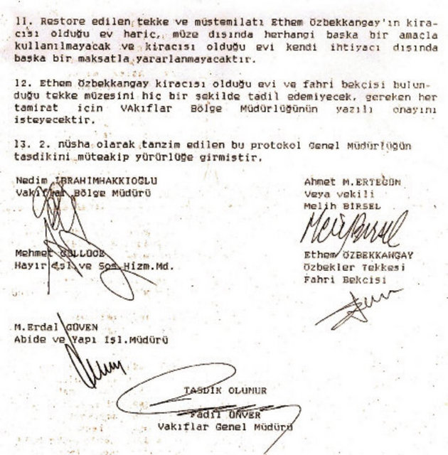 Özbekler Tekkesi'nin - müze olması konusunda - Ahmet Ertegün ile Vakıflar - arasında yapılan - protokolün son sayfası.