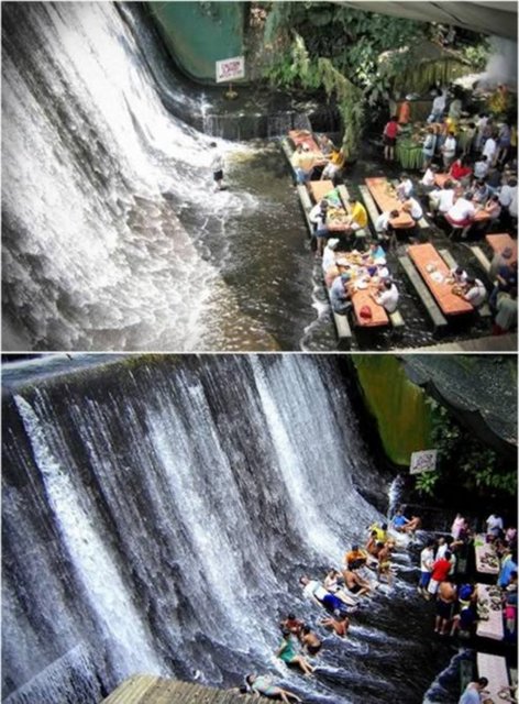Waterfall Restaurant (Filipinler) Restoran gürül gürül akan bir şelalenin altında.