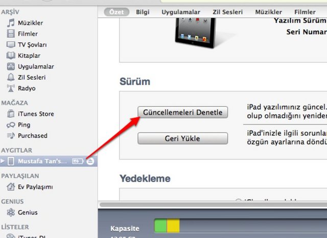 3) iTunes üzerinden USB kablosu ile güncelleme. -  - Daha evvelki güncellemelerde olduğu gibi iOS 6.1.3 güncellemesi için de öncelikle iTunes üzerinden cihazımızı USB kablosuyla bilgisayarımıza bağlıyoruz. Ardından da iTunes'un sol menüsündeki iPhone simgesine tıklayıp, sonra da  ekranda çıkan "Güncellemeleri Denetle" (Check for Update) seçeneğine tıklıyoruz. Bu açıdan iOS 6.1.3 güncellemesinin eski güncelleme yöntemlerinden pek bir farkı yok.