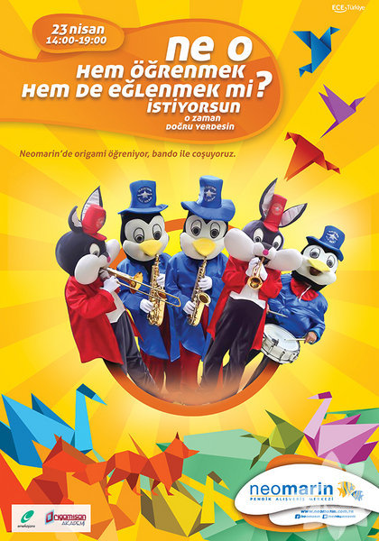 Tüm ziyaretçilerimizi 23 Nisan'da Ulusal Egemenlik ve Çocuk Bayramı'nı kutlamak için Neomarin Alışveriş MerkeziÇocuk Kültür Merkezi salonunda etkinlikler devam ederken, 14:00-19:00 saatleri arasında Neomarin etkinlik alanında, origami yaparak, hem el becerilerini arttıracak, hem de eğlenecekler. 