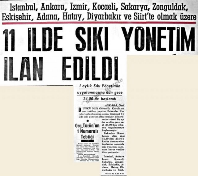 (1971) 1 aylık Sıkı Yönetimin uygulanmasına dün gece 24.00 de başlandı.