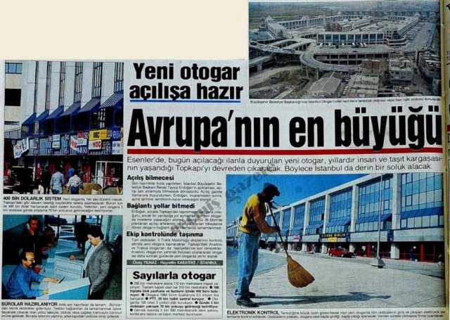 (1994) Esenler'de, bugün açılacağı ilanla duyurulan yeni otogar, yıllardır insan ve taşıt kargaşasının yaşandığı Topkapı'yı devreden çıkaracak. Böylece İstanbul da derin bir soluk alacak