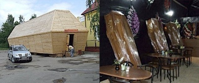 Ukrayna'da bulunan Eternity adındaki restoran dünyanın ilk ölüm temalı restoranı... Bu ilginç girişim ortalama 20 metre uzunluğunda bir tabutun restorana çevrilmesiyle gerçekleşti ve tabut restoranın dekorasyonu da bir düzine çelenk ve normal boyutlu tabutla yapıldı.