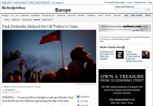 Amerika'nın en çok okunan gazetelerinden biri olan The New York Times da Gezi'yi manşetten verdi.