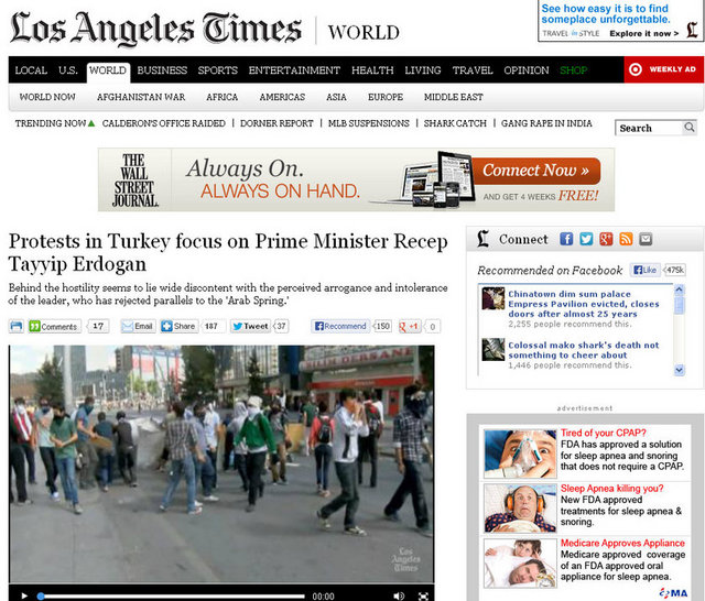Los Angeles Times; 'Protestolar Recep Tayyip Erdoğan'a yöneldi'